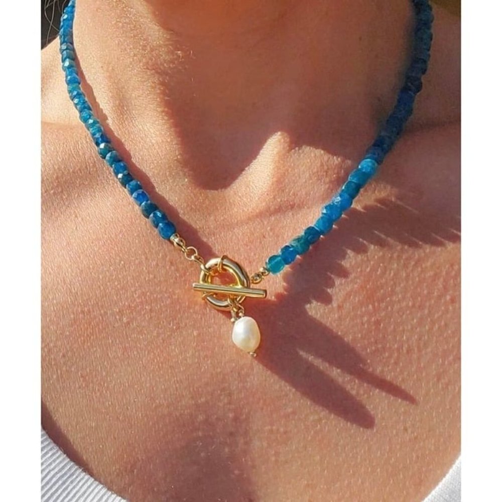Blue Apatite Gemstone Necklace Gold Toggle Clasp Removable Baroque Pearl Genuine